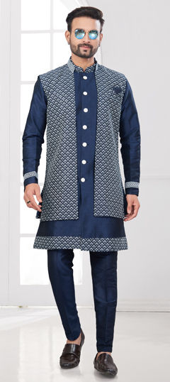 Blue color IndoWestern Dress in Silk fabric with Embroidered, Thread work