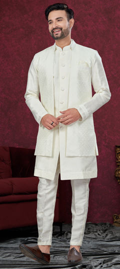 White and Off White color IndoWestern Dress in Silk fabric with Embroidered, Thread work