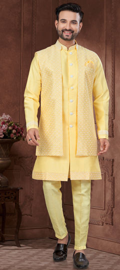 Yellow color IndoWestern Dress in Silk fabric with Embroidered, Thread work