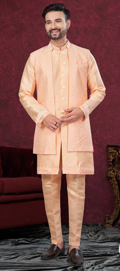 Pink and Majenta color IndoWestern Dress in Silk fabric with Embroidered, Thread work