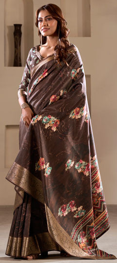 Beige and Brown color Saree in Blended fabric with Printed work