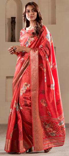 Orange color Saree in Blended fabric with Printed work