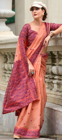 Festive, Traditional Orange color Saree in Cotton fabric with Bengali Printed work : 1967477