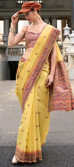 Yellow color Saree in Cotton fabric with Printed work