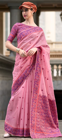 Festive, Traditional Pink and Majenta color Saree in Cotton fabric with Bengali Printed work : 1967479