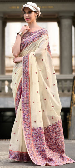 Festive, Traditional White and Off White color Saree in Cotton fabric with Bengali Printed work : 1967480