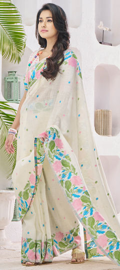 White and Off White color Saree in Blended fabric with Weaving work