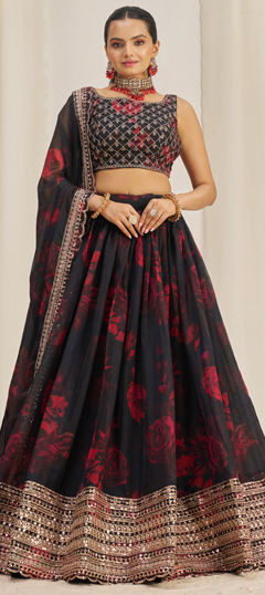 Bridal, Wedding Black and Grey color Lehenga in Organza Silk fabric with Flared Printed, Sequence, Zari work : 1967489