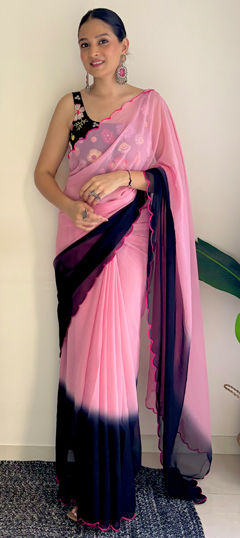 Pink and Majenta color Saree in Faux Georgette fabric with Embroidered, Sequence, Thread work