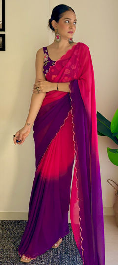 Pink and Majenta color Saree in Faux Georgette fabric with Embroidered, Sequence, Thread work