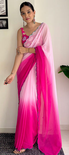 Festive, Party Wear Pink and Majenta color Saree in Faux Georgette fabric with Classic Embroidered, Sequence, Thread work : 1967496