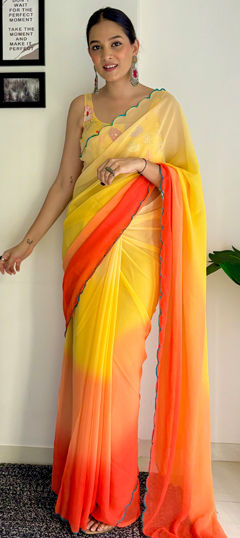 Festive, Party Wear Yellow color Saree in Faux Georgette fabric with Classic Embroidered, Sequence, Thread work : 1967498