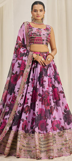 Bridal, Wedding Pink and Majenta color Lehenga in Organza Silk fabric with Flared Printed, Sequence, Zari work : 1967499