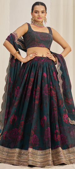 Blue color Lehenga in Organza Silk fabric with Printed, Sequence, Zari work