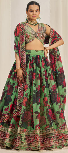 Bridal, Wedding Green color Lehenga in Organza Silk fabric with Flared Printed, Sequence, Zari work : 1967503