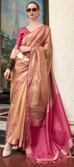 Party Wear, Traditional Gold color Saree in Tissue fabric with South Weaving work : 1967514