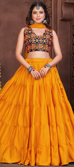 Yellow color Lehenga in Silk fabric with Embroidered, Mirror, Resham, Thread work