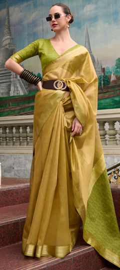 Gold, Green color Saree in Tissue fabric with Weaving work