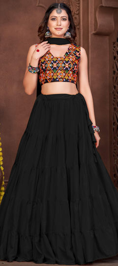 Black and Grey color Lehenga in Silk fabric with Embroidered, Mirror, Resham, Thread work