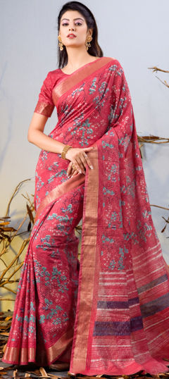 Pink and Majenta color Saree in Chanderi Silk fabric with Floral, Printed work