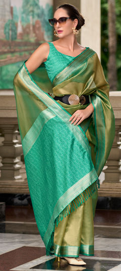 Party Wear, Traditional Green color Saree in Tissue fabric with South Weaving work : 1967523