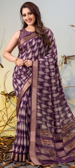 Purple and Violet color Saree in Chanderi Silk fabric with Printed work