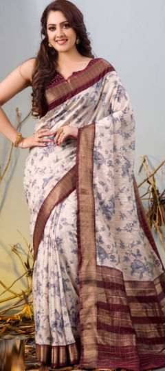 Party Wear, Traditional White and Off White color Saree in Chanderi Silk fabric with South Floral, Printed work : 1967529