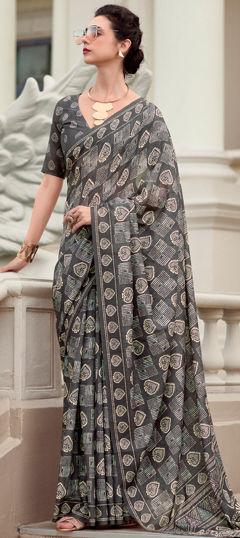 Party Wear, Traditional Black and Grey color Saree in Cotton fabric with Bengali Printed work : 1967540