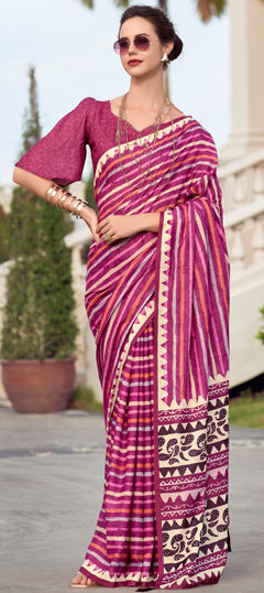 Party Wear, Traditional Pink and Majenta color Saree in Cotton fabric with Bengali Printed work : 1967541