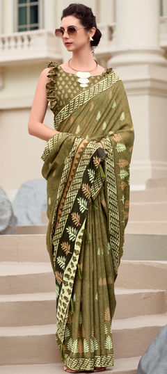 Party Wear, Traditional Green color Saree in Cotton fabric with Bengali Printed work : 1967544