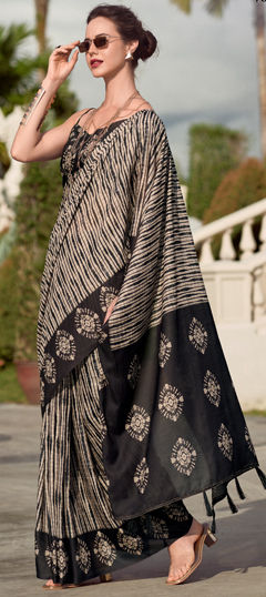 Party Wear, Traditional Beige and Brown, Black and Grey color Saree in Cotton fabric with Bengali Printed work : 1967546