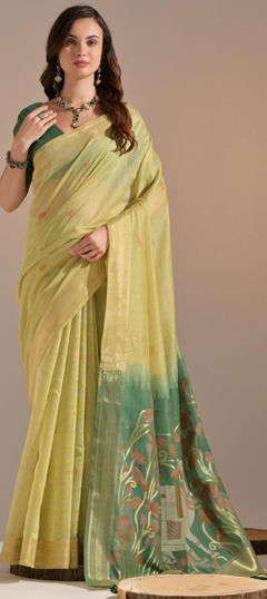 Green color Saree in Cotton fabric with Printed work