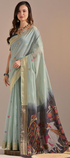 Blue color Saree in Cotton fabric with Printed work