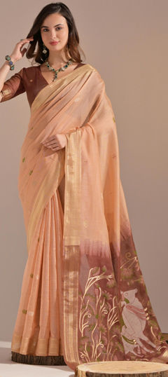 Beige and Brown color Saree in Cotton fabric with Printed work