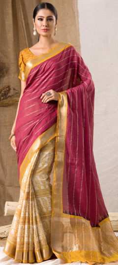 Red and Maroon, Yellow color Saree in Chanderi Silk fabric with Printed work