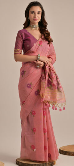 Party Wear, Traditional Pink and Majenta color Saree in Cotton fabric with Bengali Floral, Printed work : 1967560