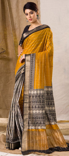 Black and Grey, Yellow color Saree in Chanderi Silk fabric with Printed work