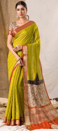 Green color Saree in Chanderi Silk fabric with Printed work