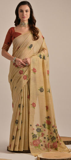 Party Wear, Traditional Beige and Brown color Saree in Cotton fabric with Bengali Floral, Printed work : 1967563