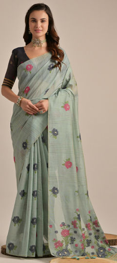 Blue color Saree in Cotton fabric with Floral, Printed work