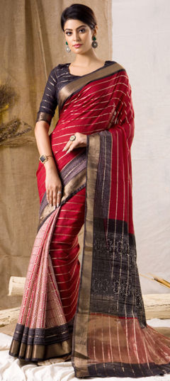 Pink and Majenta, Red and Maroon color Saree in Chanderi Silk fabric with Printed work