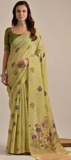 Party Wear, Traditional Green color Saree in Cotton fabric with Bengali Floral, Printed work : 1967566