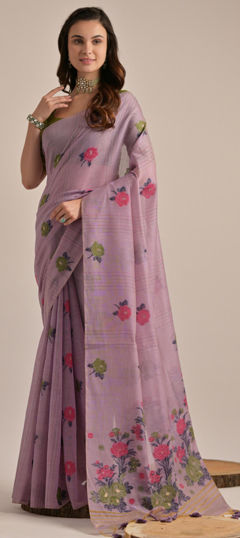 Purple and Violet color Saree in Cotton fabric with Floral, Printed work