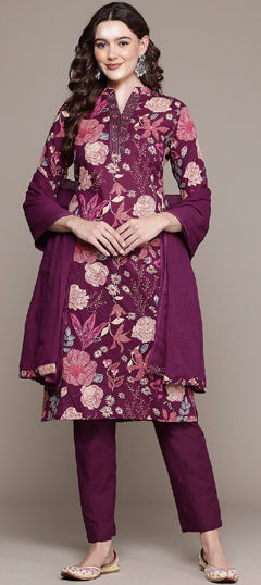 Purple and Violet color Salwar Kameez in Cotton fabric with Floral, Printed, Thread work