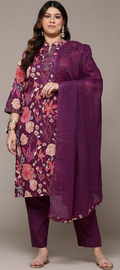 Purple and Violet color Salwar Kameez in Cotton fabric with Floral, Printed, Thread work