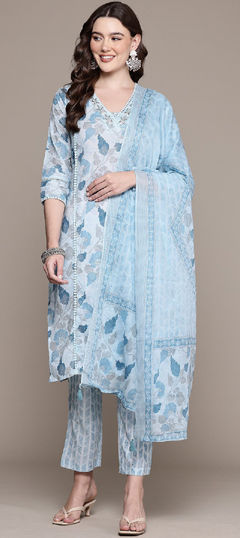 Blue color Salwar Kameez in Cotton fabric with Bugle Beads, Floral, Printed, Thread work