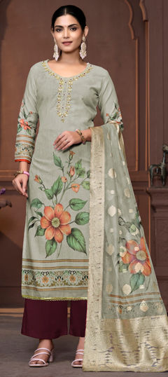 Black and Grey color Salwar Kameez in Cotton fabric with Broches, Floral, Printed, Thread work