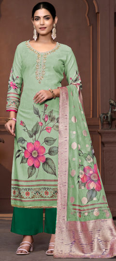 Green color Salwar Kameez in Cotton fabric with Broches, Floral, Printed, Thread work