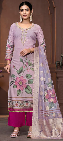 Pink and Majenta color Salwar Kameez in Cotton fabric with Broches, Floral, Printed, Thread work