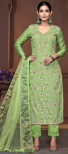 Green color Salwar Kameez in Muslin fabric with Bugle Beads, Cut Dana, Thread, Weaving work